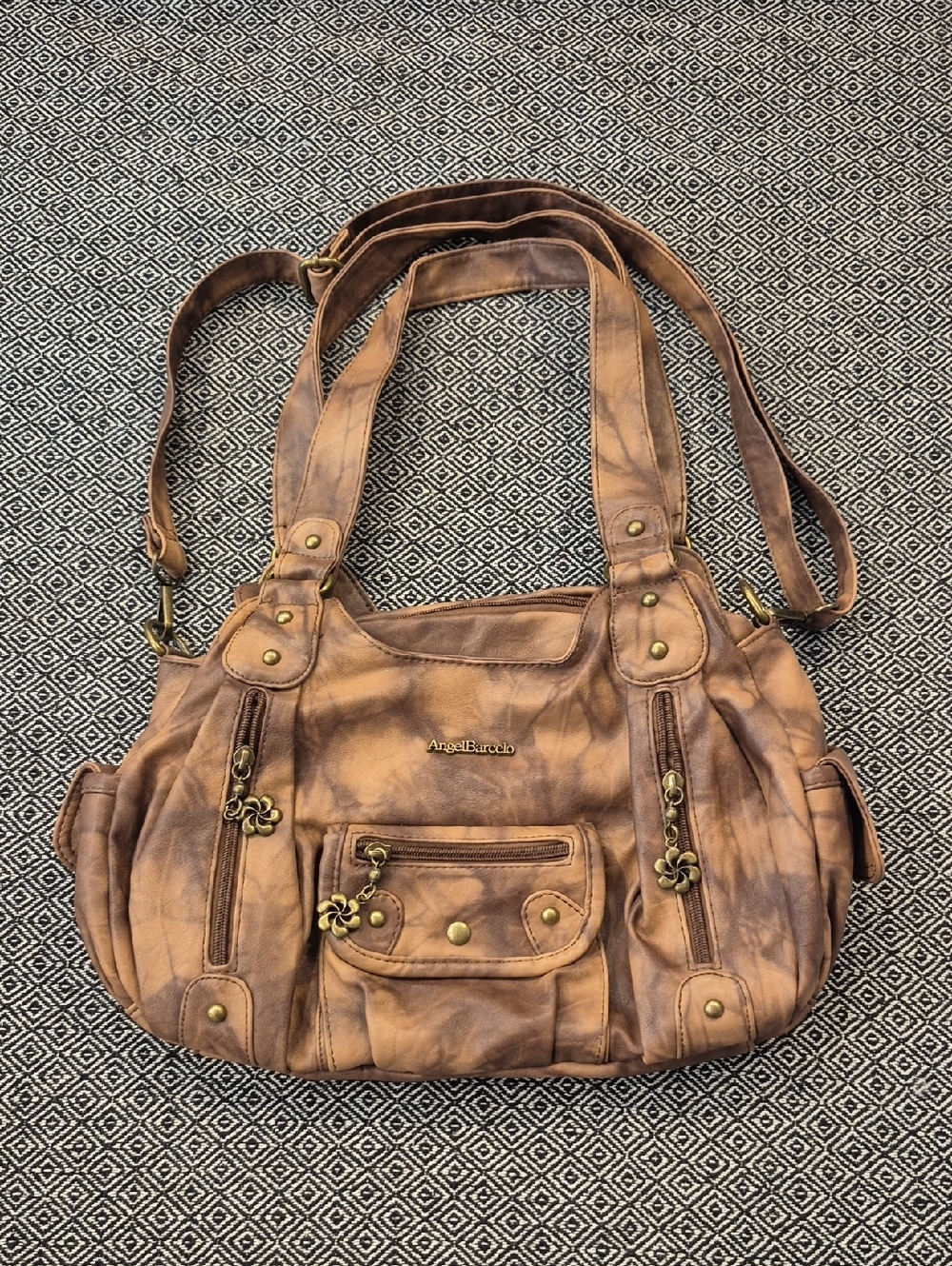 Angel Barcelo Brown Wash Tie Dye Multi-Pocket Hobo Bag